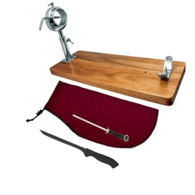 Imagen de NERTHUS Cabezal Giratorio y Telescópico + Cubre Jamon Burdeos Afilador Manual Cuchillo Jamonero, Acero Inoxisable