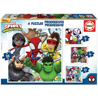 Imagen de Educa progresivos Spidey and His Amazing Friends 12 16 20 25 4 Puzzles de cartón con Piezas Medida aproximada Cada Puzzle x cm A Partir 3 años (19295)
