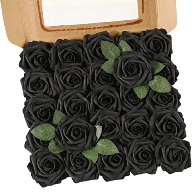 Imagen de Ruiuzioong Rosa Artificial Flor 25PCS Falsa Espuma Mirada Real con Hoja y Vástago Ajustable para Bricolaje Ramos de Boda Decoraciones el Hogar Nupciales (Negro, 25pcs)