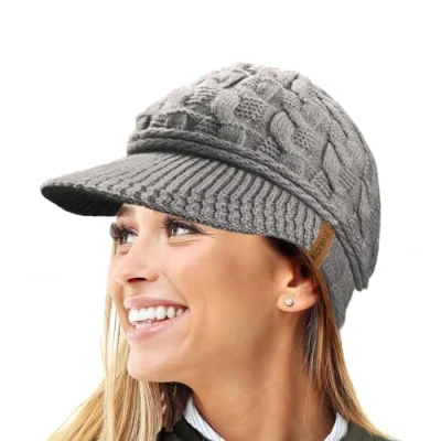 Imagen de Gorro de Invierno con Forro Polar Peluche R80 cálido Punto Cable Pico para Mujer