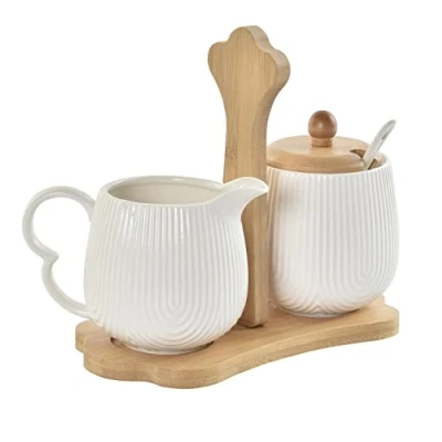Imagen de D,casa Sarero Y Azucarero de Porcelana Blanco con Tapa Madera Estilo Nordico… Jarra Lechera