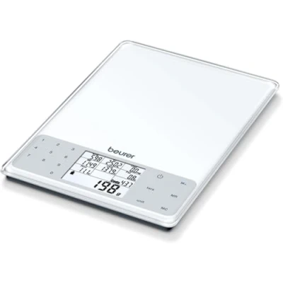 Imagen de Beurer DS61 Balanza de Cocina con análisis nutricional, 5kg 1 gr, Nivel Grasa, proteínas, colesterol y calorías, Auto Tara, Altura números Pantalla 1.3cm, Vidrio, Blanco