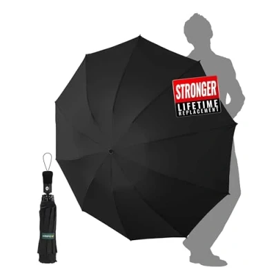 Imagen de Chakipee Paraguas Plegable Antiviento Grande Viento Invertido Automatico Negro Mujeres y Hombres Grandes xxl Resistente al Prueba de Compacto con 10 Varillas 210T