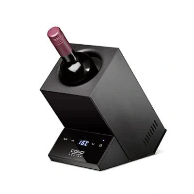 Imagen de Caso WineCase One Black Enfriador de vino para una botella, rango temperatura 5 18 C, botellas hasta 9 cm diámetro, control táctil, carcasa acero inoxidable negro