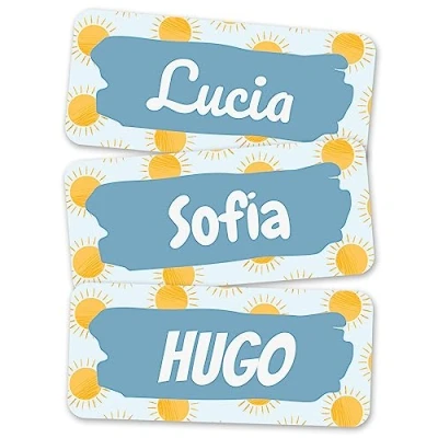 Imagen de melu kids® Etiquetas para Ropa personalizadas (50 piezas) No es necesario planchar, pegatinas pegar y lavables a máquina (lavadora lavavajilas) Sol