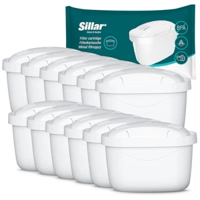 Imagen de Sillar Cartuchos de filtro agua compatibles con BRITA Maxtra+, Marella, Aluna, Elemaris, 12 unidades, carbón activo e intercambiador iones, sin BPA, reduce la cal y el cloro, para potable