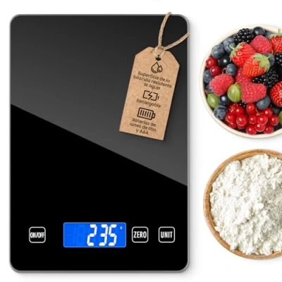 Imagen de NIWOHOM Bascula Cocina,15 KG Báscula de Cocina Digita,Peso Precisión 1g con Pantalla LCD Grande,Función Tara,Vidrio Templado,Balanza para Hornear y Cocinar