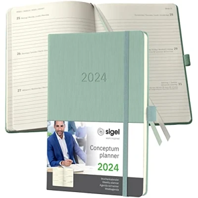 Imagen de SIGEL C2472 Conceptum Agenda semanal 2024, aprox. A5, verde, tapa dura, dos páginas = una semana, 192