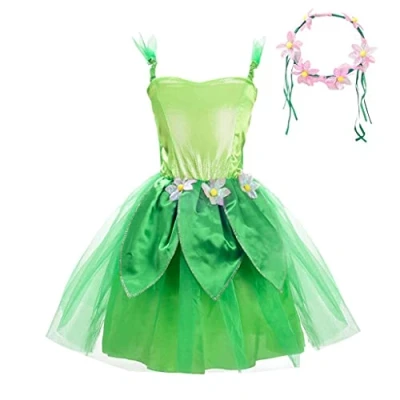 Imagen de Lito Angels Disfraz de Tinkerbell Vestido Campanilla Hada Verde con Diadema Corona Flores para Niñas, Talla 5 7 años, L