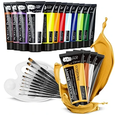 Imagen de Artina Set de pintura acrílica 27 piezas Bergamo (16x75ml) incl. 4 colores metálicos resistente al agua, 10 pinceles finos + paleta para mezclar alta pigmentación y secado rápido