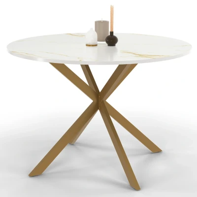 Imagen de Mesa de comedor redonda 110 cm para 6 con tablero efecto mármol dorado y pata araña latón IDMarket