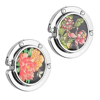 Imagen de kwmobile 2 x Ganchos de bolso para mesa Colgadores portátiles con gancho Soporte abrigo paraguas flores blancas