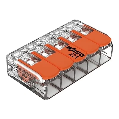 Imagen de WAGO Terminales de conexión 221 615 5 polos, hasta 6 mm², conector cable compacto con palanca para todos los tipos conductores en todo el mundo, seguridad aplicación confirmada, unidades