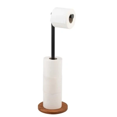 Imagen de WENKO Soporte de Papel higiénico 2 en 1 Serro, Base bambú, Almacenamiento para hasta 4 Rollos higiénico, Negro, 17 x 67 cm
