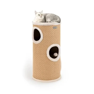 Imagen de lionto Barril rascador de Yute con Pelota Juego y Borde Peluche, Altura 70 cm, árbol Estable para Gatos pequeños Grandes, Cuidado Las Garras Empleo, Muchas Posibilidades
