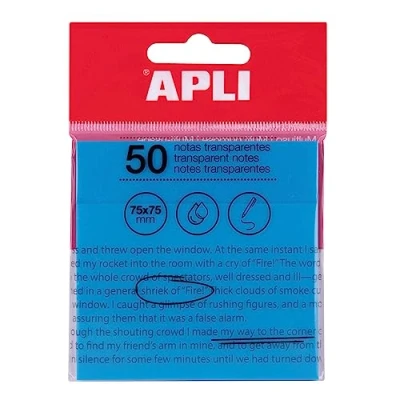 Imagen de APLI 19571 notas adhesivas transparentes 75 x mm de color azul, Bloc 50 hojas translúcidas resistentes al agua para estudiantes, uso escolar u oficina