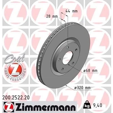 Imagen de ZIMMERMANN COAT Z 200.2522.20 Disco de freno 320 28 5/5 5 114 ventilación interna revestido NISSAN: Qashqai / Qashqai+2 I, Juke, RENAULT: Koleos I