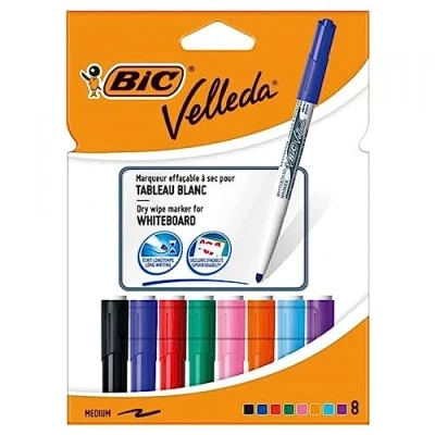 Imagen de Bic Velleda 1741 Pack de 8 Rotuladores para Pizarra Punta Media Trazo 1.4mm Borrado Optimo Colores Surtidos