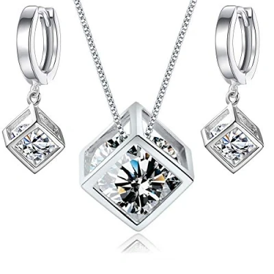 Imagen de Crystalline Azuria Mujer 18ct Chapado en Oro Blanco Cristales de Zirconia Cubo Juego joyas Collar con Colgante 45 cm Pendientes para y Niña