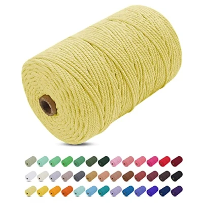 Imagen de Uiopa Hilo Macrame 3mm x 200m, Cuerda Gruesa de Algodon Natural, Cordel Colores Algodón para Manualidades, Pared, Cortinas, Colgar Plantas, Fotos (Amarillo claro)