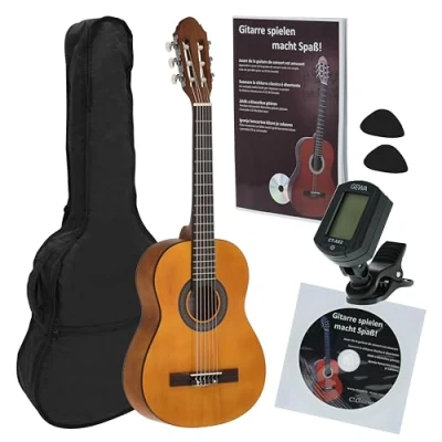 Imagen de Navarrez NV15PK Starter Set Guitarra clásica marrón 1/2, bolsa/Gig Bag, libro con CD, afinador (tuner),2 púas
