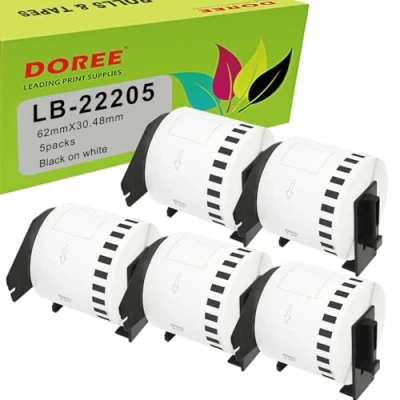 Imagen de 5 rollos de etiquetas compatibles DOREE DK 22205 DK22205 62 mm x 30,48 m (continuos) para Brother P Touch QL 500, 500A, 500BS, 500BW (5 paquetes)