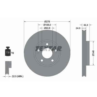 Imagen de TEXTAR PRO 92124803 Disco de freno 278 24 05/05 108 ventilación interna revestido sin perno sujeción rueda, buje rueda