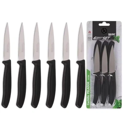 Imagen de KROWN Set de Cuchillos, Pack 6 Cuchillos Uso Diario. Juego Pelador. Mango Negro Resistente y Duradero. Cuchillo Apto para Carne, Pelador, Cocina, Mesa. Piezas