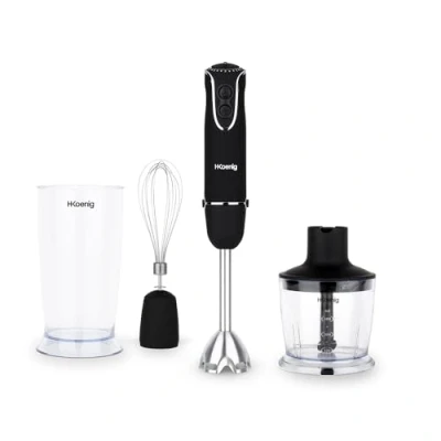 Imagen de H.Koenig MIX75 Batidora de Mano Profesional, Potencia 850 W, 6 velocidades, Funcion Turbo, Campana y Cuchillas, Mango Silicona, Vidrio, Negro/Acero Inoxidable