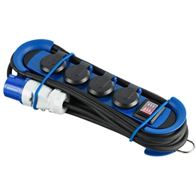 Imagen de Electraline 62576 Regleta Base Profesional para Exteriores, 4 Tomas Schuko con Enchufe CEE IP44, Colgante 2 Ganchos, Cable de Goma H07RN F 3G1.5 3M, campistas, Azul/Negro