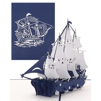 Imagen de carte pop up Bateau de 4 Master Bleu Blanc Navigation, cartes Bateau, Voyage Bon d&#039;achat, Gutschein Maritime, vacances, 3D