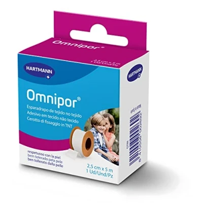 Imagen de Omnipor, Esparadrapo de Tela Resistente, Pre Tape para la Sujeción Apósitos y Vendajes, Espadrapo Hipoalargénico Resistente al Agua, Cinta Quirurgica, Color Blanco (2,5cm x 5m)