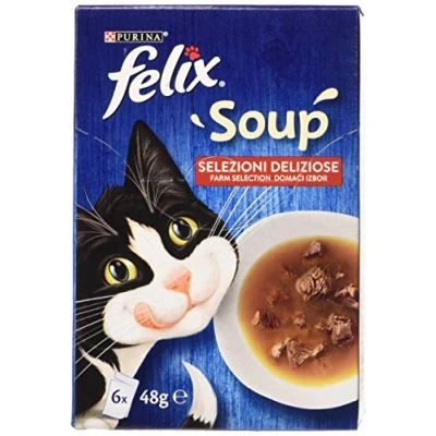 Imagen de PURINA FELIX Sopa para gatos Delicious Selections con carne de res, pollo y cordero, 48 bolsas g cada una (8 paquetes 6 x g)