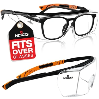 Imagen de NoCry Gafas de seguridad con lente óptica anti rasguños Certificaciones ANSI Z87 y OSHA varillas ajustables protección (contra rayos sol) UV 400 marco negro naranja