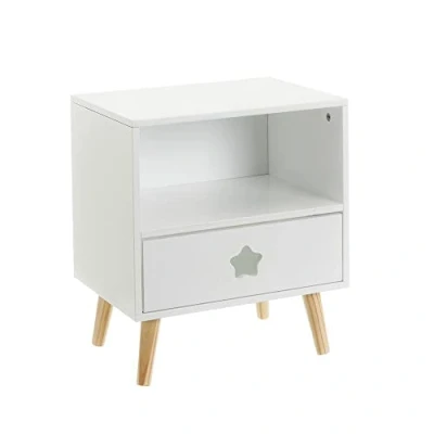 Imagen de LOLAhome Mesita de Noche 1 cajón con Estrella Tallada Madera Pino Blanca 40x30x50 cm