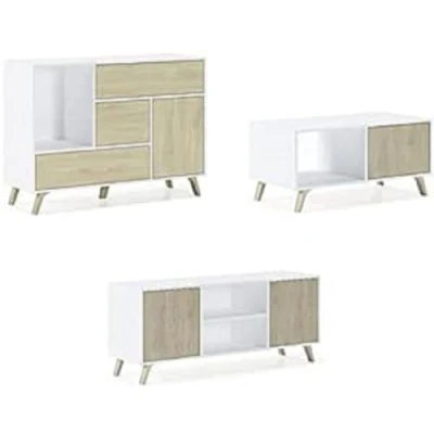 Imagen de Skraut Home Set Aparador+Mueble de TV+Mesa Centro Salón Modelo Wind Conjunto para Comedor Estructura Resistente Fácil Montaje Acabado Blanco/Puccini
