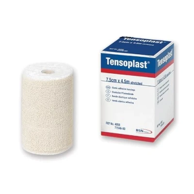 Imagen de ( 1067 ) BSN MEDICAL Venda elástica Adhesiva Tensoplast, Bordes Suaves y Material Adhesivo Poroso, Franja Central Amarilla, Tamaño 4,5 m x 7,5 cm, 1 pieza
