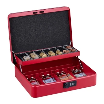 Imagen de Relaxdays Caja Dinero, Combinación 3 Números, Bandeja para Monedas, Cajita Hierro, 8,5 x 30,5 25 cm, Rojo