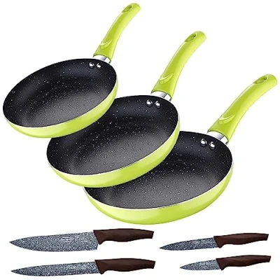 Imagen de Set 3pc sarten (20+24+28cm) aluminio prensado verde con 4pc cuchillos acero inoxidable