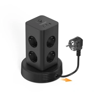 Imagen de TESSAN 8 Tomas Regletas Enchufes con USB C, Torre Multiple 3600W Interruptor, Alargador Enchufe Cable de Extensión Retráctil 2M, para Casa, Oficina, Cocina, Salón