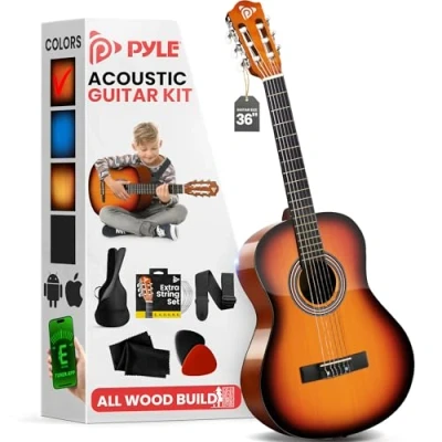 Imagen de Pyle kit de guitarra acustica, 1/4, Tamaño juvenil, Madera, Para principiantes, Niños, Adultos, Con accesorios