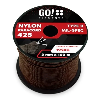 Imagen de GO!elements Paracord de Nylon Resistente al desgarro 3mm Tipo II 425, línea Multiuso para Exteriores y Supervivencia, Carga máx. 192kg
