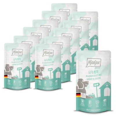 Imagen de MjAMjAM Comida húmeda Premium para Perros Quetschie Pava Rica con riso cocido y calabacín al Vapor, Pack de 12 (12 x 125g), sin Gluten Extra Carne