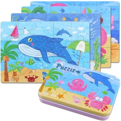 Imagen de BBLIKE Puzzle, 4 Pack Rompecabezas Puzzle Juguetes Bebes para Niños de 1 2 3 5 años Montessori Educativos Regalos 3D Patrón Puzzles Infantiles con Caja （Oceano）