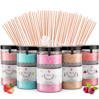 Imagen de Misskandy, algodón de azúcar para la máquina (5 * 300 Gr) = 1,5kg/ sabores:fresa, manzana, malvavisco, cola, frambuesa + 50 barritas (30 cm)