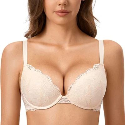 Imagen de DOBREVA Sujetador Push Up Encaje con Relleno Aros Escote Moldeado para Mujer Rosa Blanca 105C