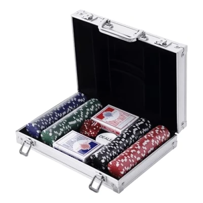 Imagen de HOMCOM Maletín de Poker Profesional Aluminio con 200 Fichas Juego Set Casino 5 Dados 2 Barajas Cartas y 1 Ficha Crupier 29,5x20,5x6,5 cm Multicolor