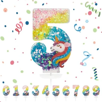 Imagen de Velas Cumpleaños Números 5,3D Unicornio Arco iris Vela,Vela de Número 5 Pastel Decoración,Aniversarios,Baby Shower