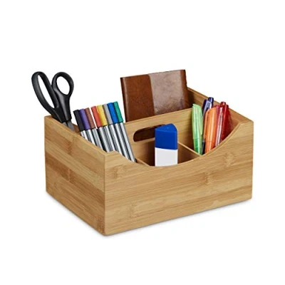 Imagen de Relaxdays bambú organizador de escritorio, soporte para el lápiz, 4 compartimentos, asa, Natural Madera Grano, tamaño: aprox. 12 x 25 18 cm), color marrón