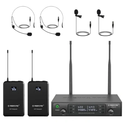 Imagen de Phenyx Pro Sistema de micrófono inalámbrico UHF dual, juego escaneo automático con 2 x 100 frecuencias, mochilas y auriculares/micrófonos solapa para hablar, cantar,